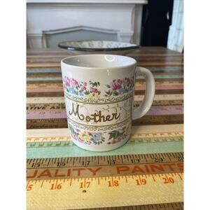 VINTAGE Floral MOTHER Coffee Tea Cup Mug White Gold Accents 1980s